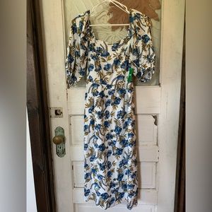 White midi dress with blue flower print. Size small. New with tags.